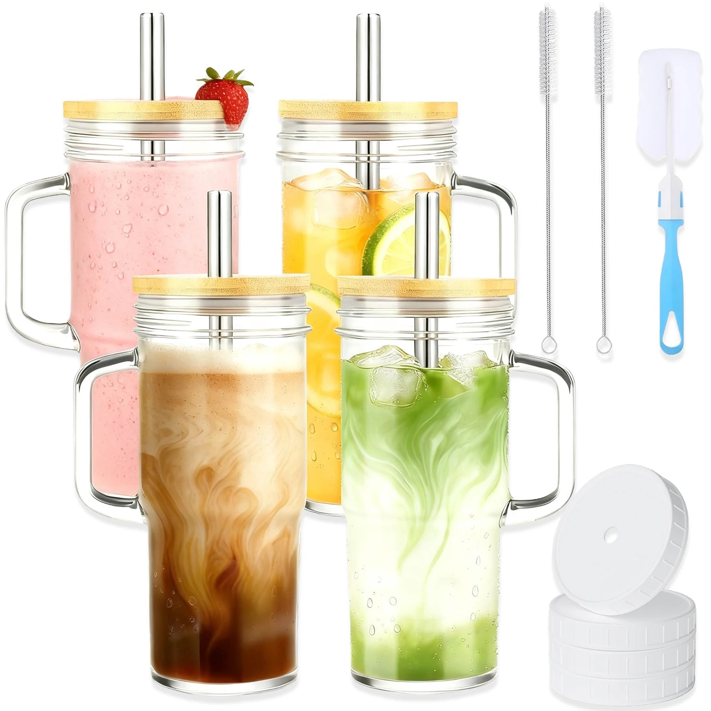 Glass Cups With Lids And Straws 19 Piece Set For Hot And Cold Drinks