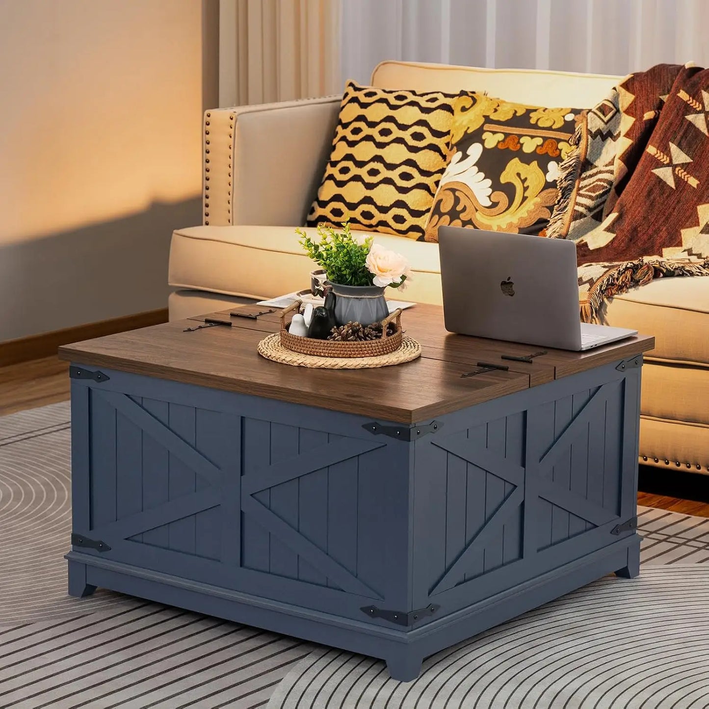 Farmhouse Coffee Table Sets 3 Pieces, Narrow Night Stand with Glass Barn Door Storage, Wood Furniture Sets for Living Room, Blue