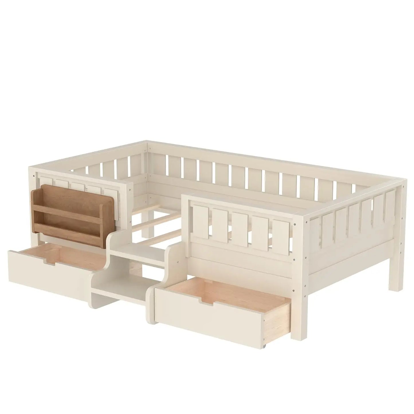 Twin Kids Bed with High Rails Built-in Bookshelf Drawers Wood Montessori Bed for Girls Boys Beige, Customized