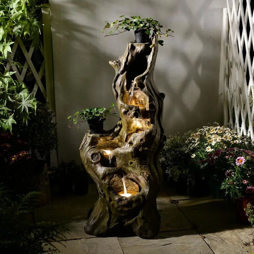 Water Fountain Outdoor 5-Tiers Large Cascading Realistic Tree Trunk Natural Waterfall Outdoor Fountain Resin Imitation Wood with