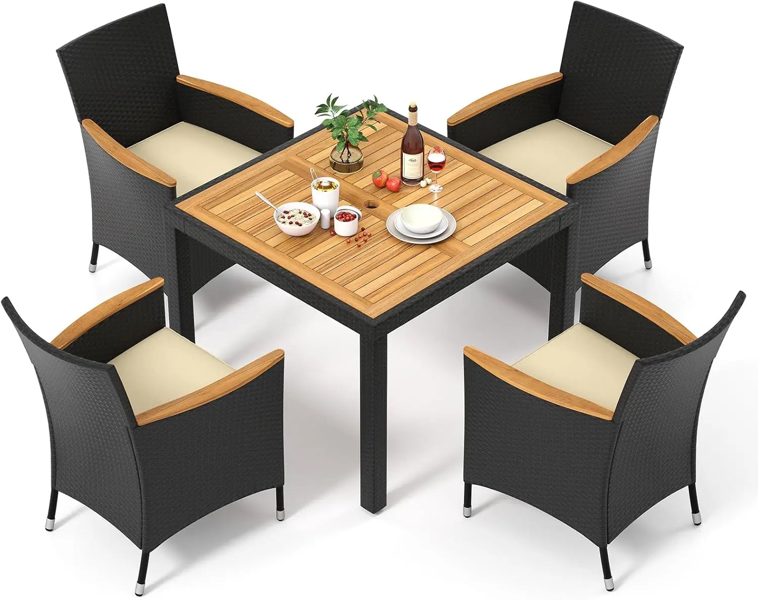 Modern rattan garden furniture set placed in a lush green backyard with soft lighting.