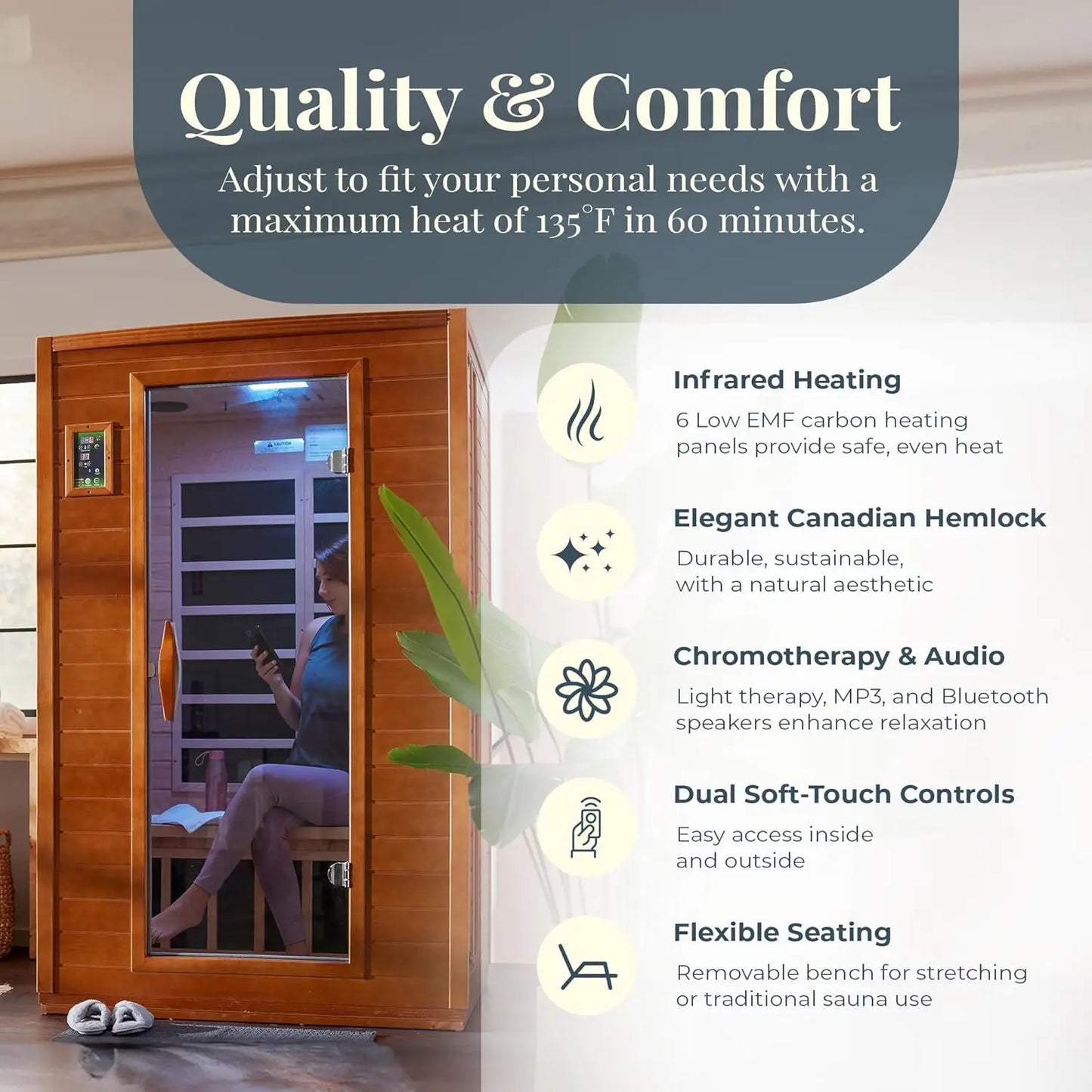 2-Person Low EMF Infrared Sauna With Red Light Bluetooth Speakers