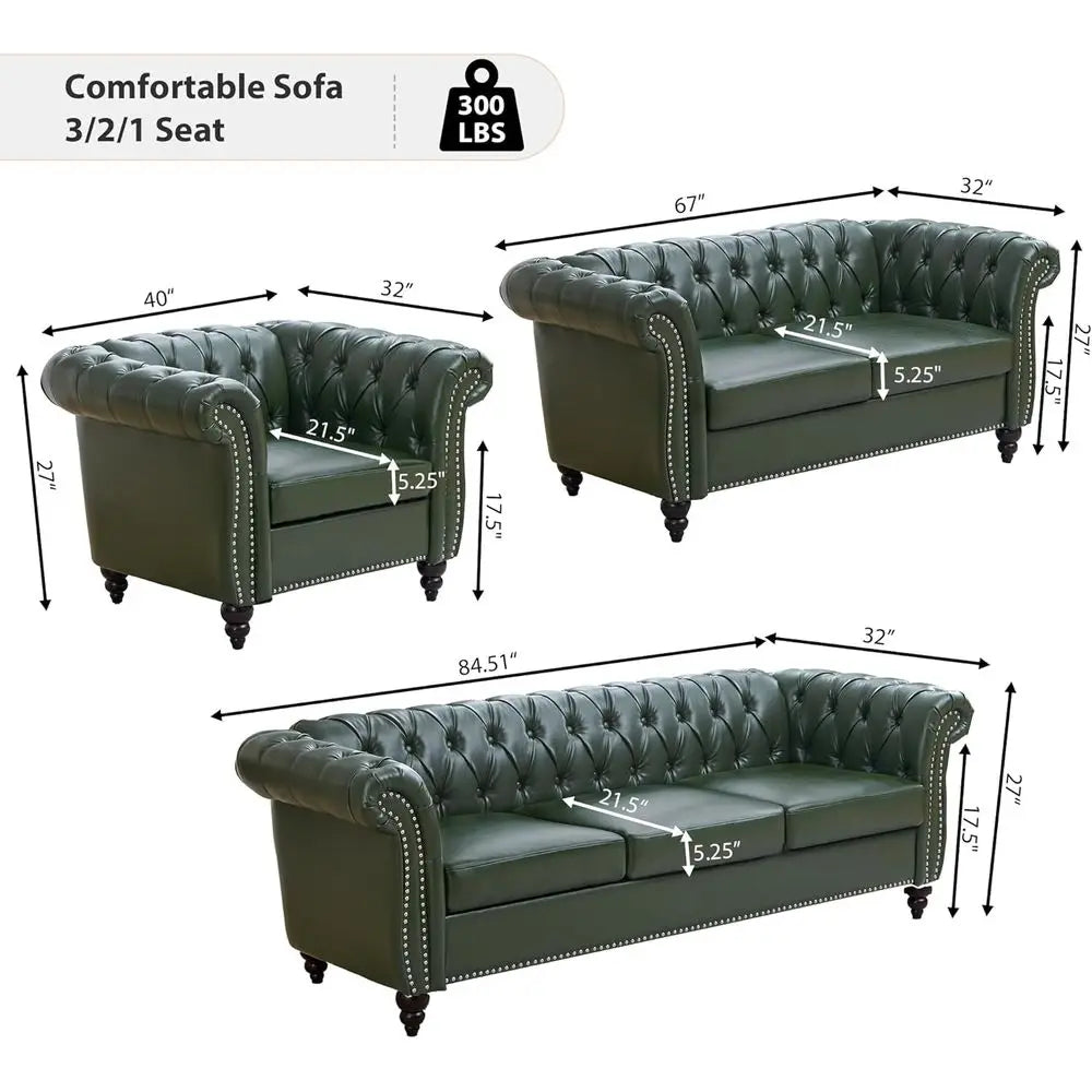Chesterfield PU Leather Sofa With Tufted Back And Classic Style