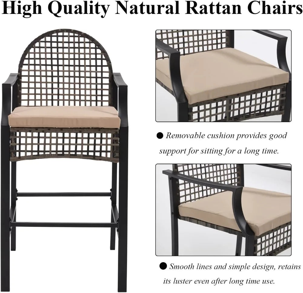 Outdoor Patio Bar Set with Cushions, Wicker Counter Height Stools and High Table, Khaki