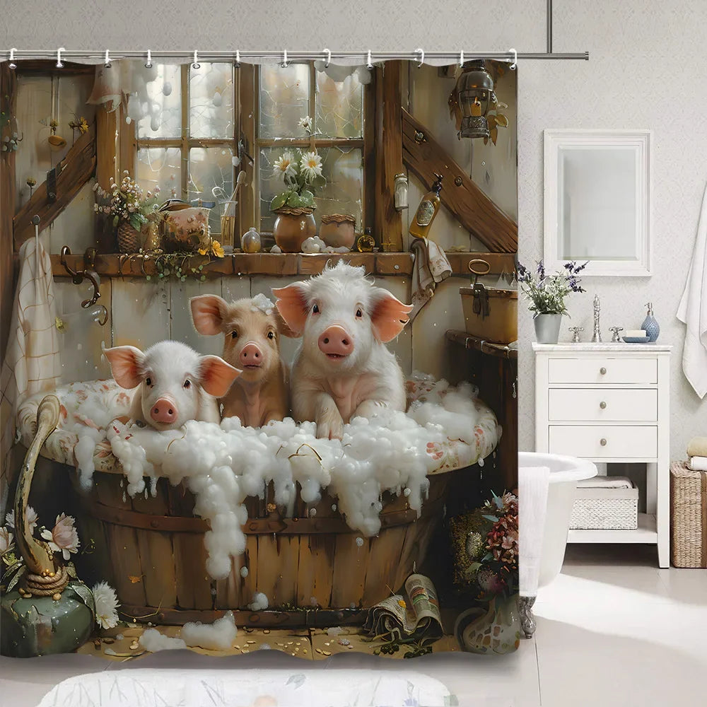 Cute Pig Bath Curtain For Kids Cartoon Animals Polyester