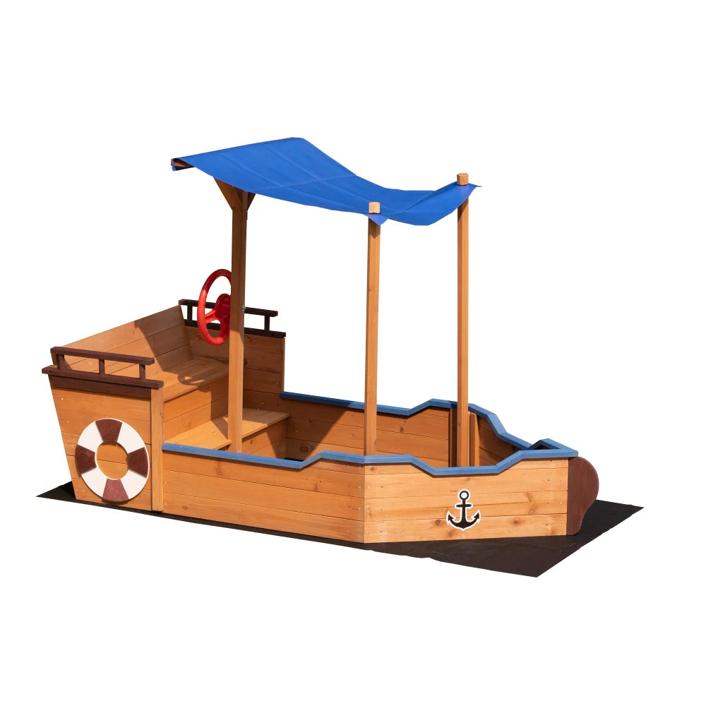 Outsunny Pirate Ship Sandbox With Cover Rudder Wooden Storage Bench