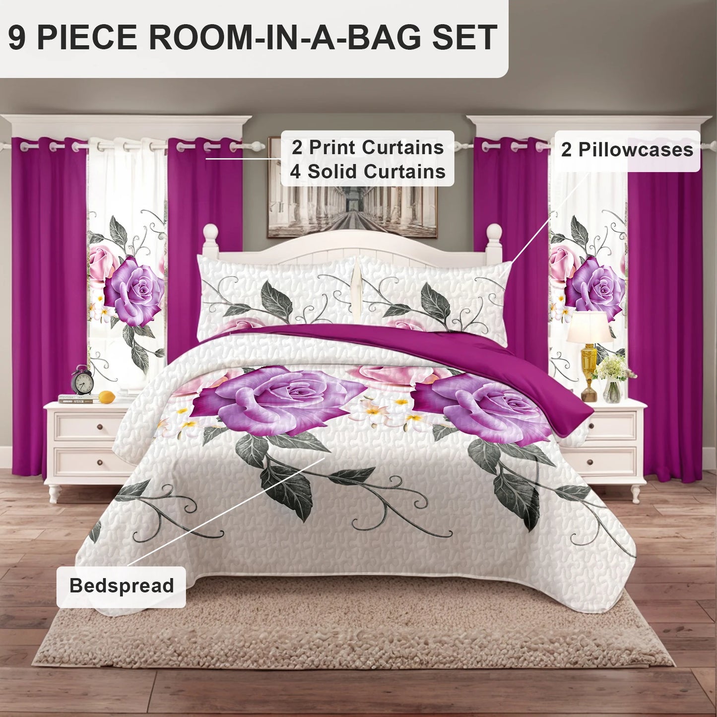 Pink Rose Floral 9Pcs Bedding Set Microfiber Bedspread 2 Printed 4 Solid Curtains 2 Pillowcases Home Decor