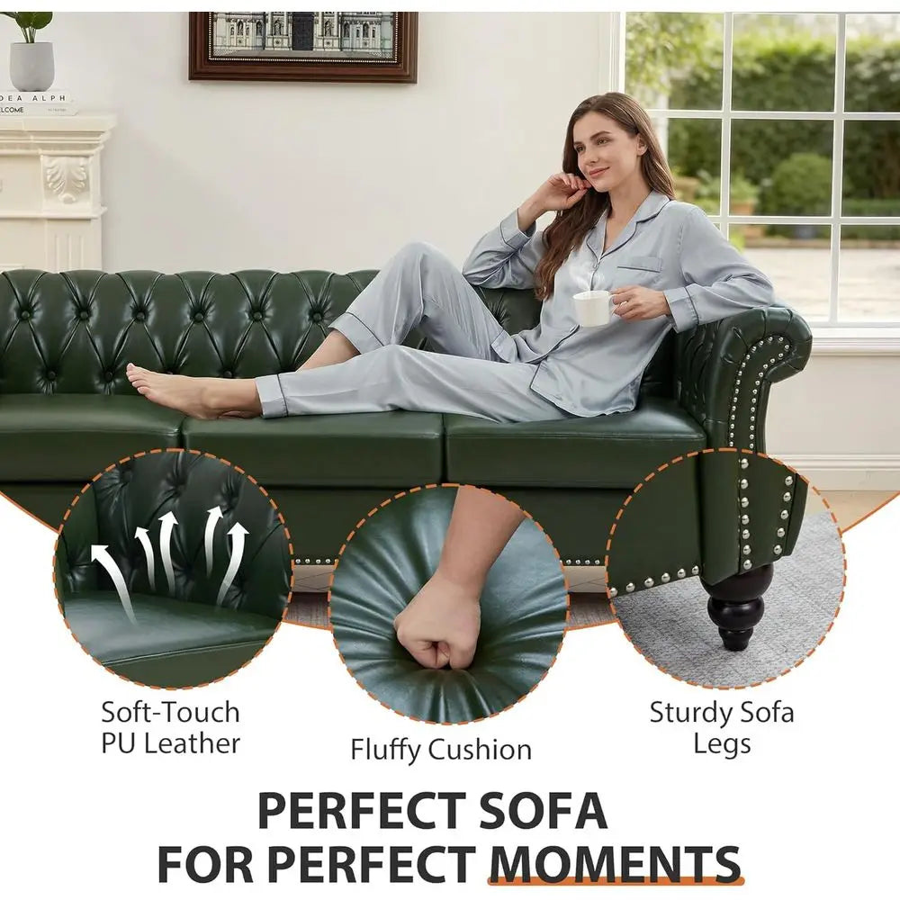 Chesterfield PU Leather Sofa With Tufted Back And Classic Style