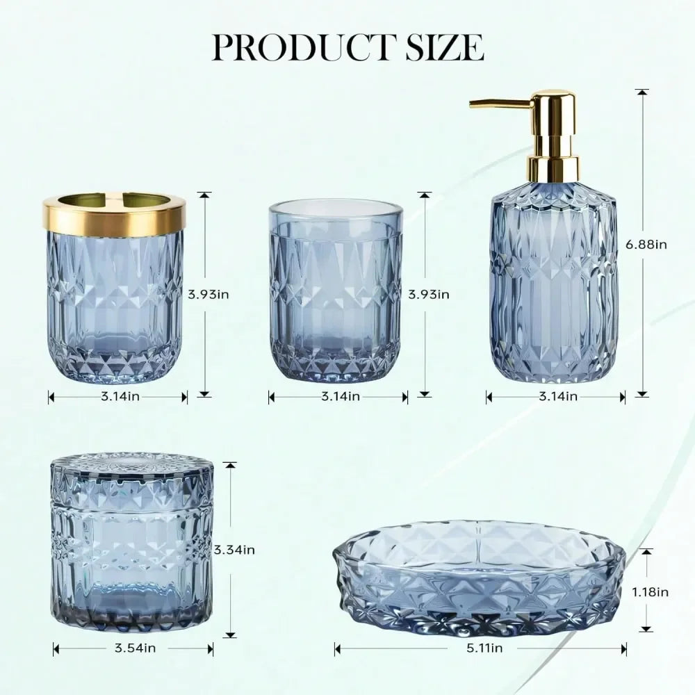 Bathroom Set,Blue Bathroom Accessories Set,Includes Lotion Soap Dispenser, Soap Dish, Toothbrush Holder, Tumbler, Cotton Swab J