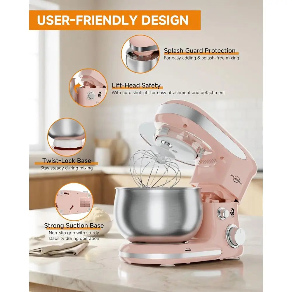 3.4 Quart Electric Stand Mixer - 6 Speeds, Portable Kitchen Mixer with Egg Whisk, Dough Hook, Beater for Daily Use in Pink