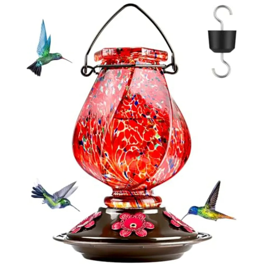 Hummingbird Feeder, Hand Blown Glass Hummingbird Feeders for Outdoors Hanging with Ant Moat, 5 Bee-Proof Ports, Leak-Proof, 360
