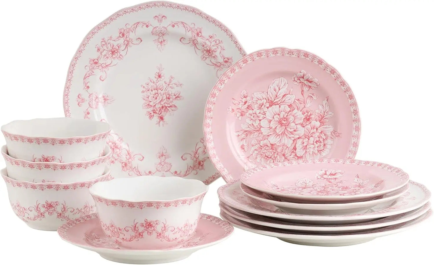 12-Piece Pink Porcelain Dinnerware Set | Microwave and Dishwasher Safe Big Dinner Plates and Bowls Sets for 4 | Chip-Res