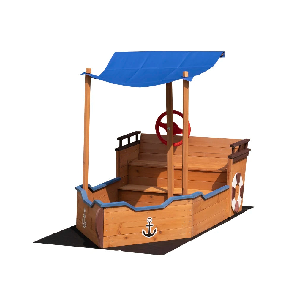 Outsunny Pirate Ship Sandbox With Cover Rudder Wooden Storage Bench