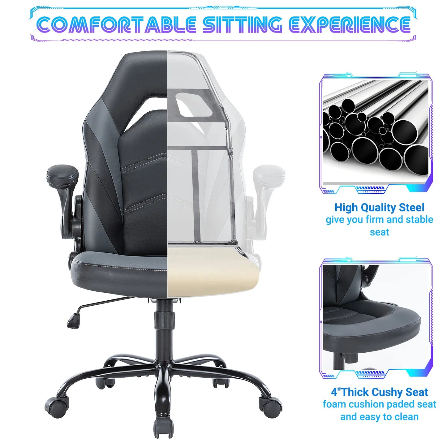 JHK Ergonomic PU Leather Office Chair With Flip Armrests
