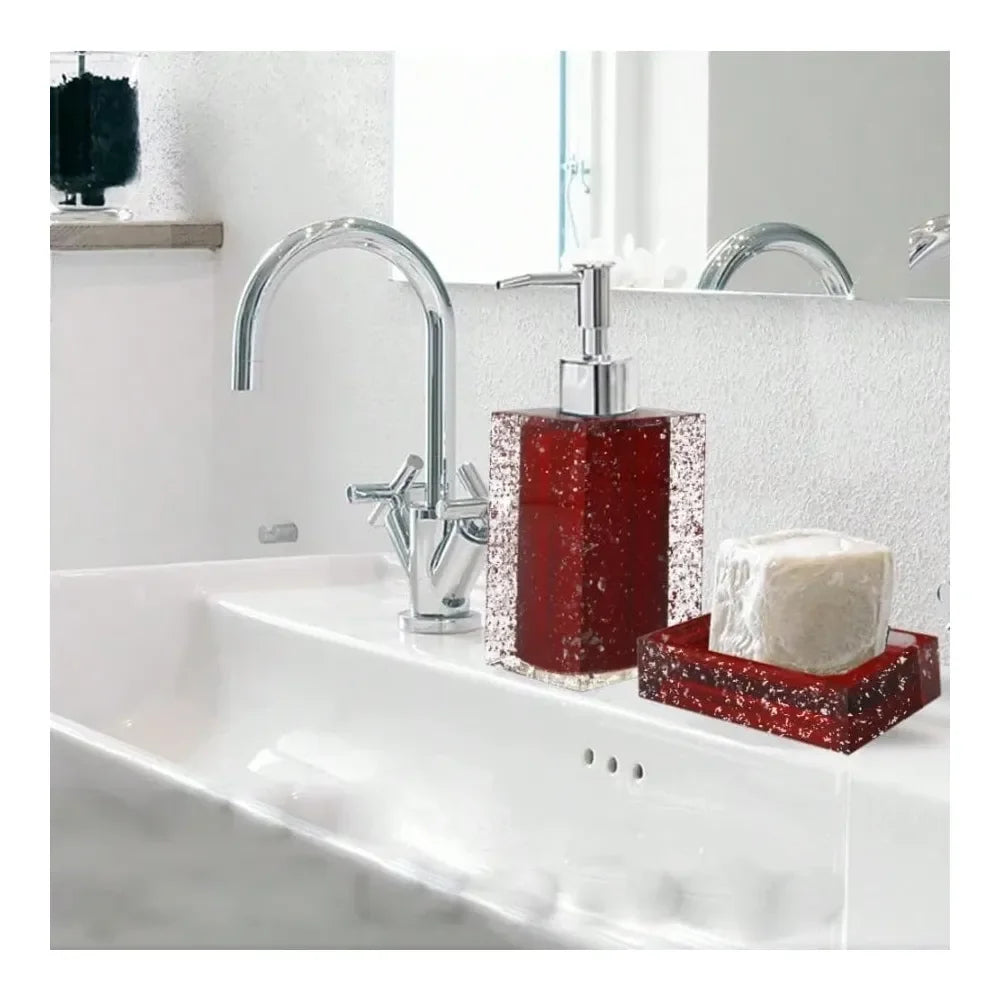 Resin Bathroom Accessory Set With Soap Dish Dispenser Toothbrush Holder And Tumbler Red