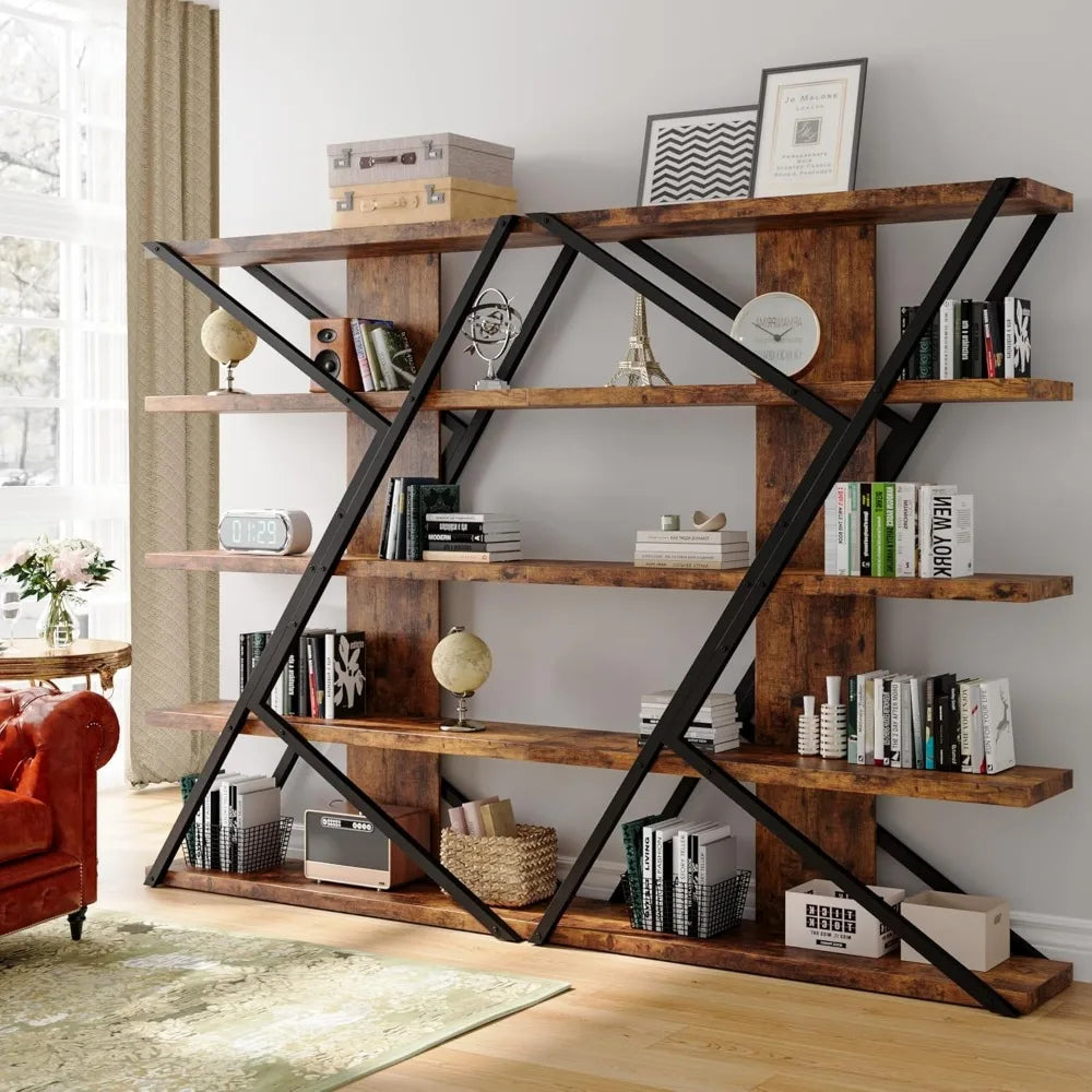 5 Tier Bookshelf, Display Bookshelf with 30mmThickened Board, 47.2 Inch Straight Wide Bookcase with Metal Frame and Woode