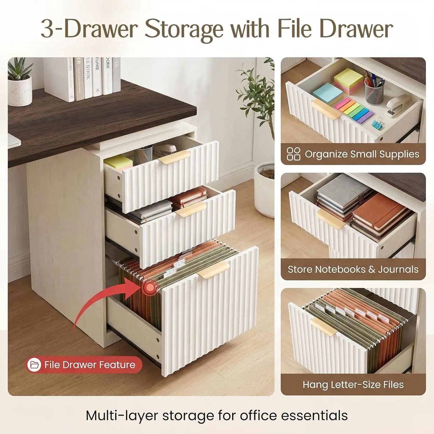 NORTHSKY 61" L-Shaped Desk with Arched Bookshelf, Fluted Corner Computer Desk with 3 Drawers, Sleek Sliding Door, Built-in Charg