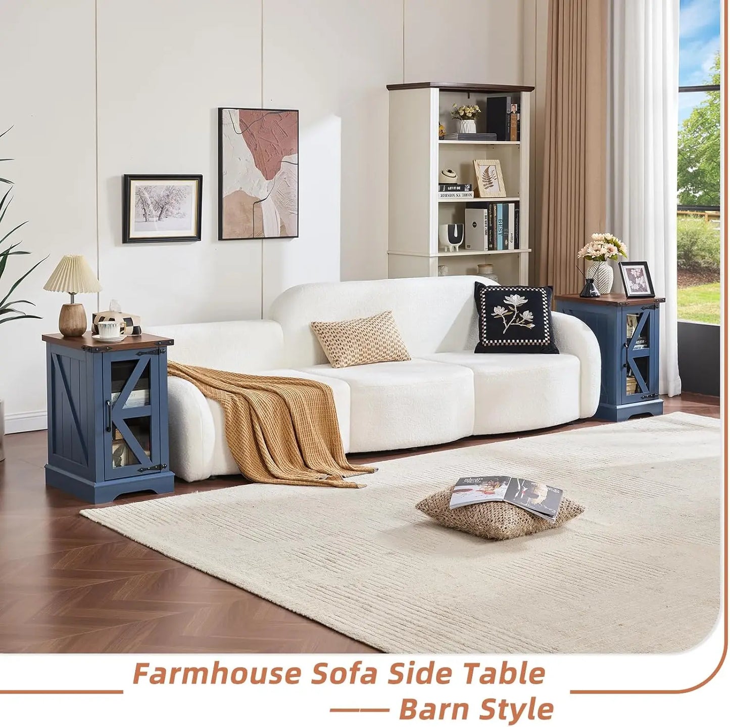Farmhouse Coffee Table Sets 3 Pieces, Narrow Night Stand with Glass Barn Door Storage, Wood Furniture Sets for Living Room, Blue