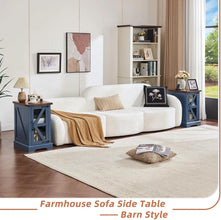 Farmhouse Coffee Table Sets 3 Pieces, Narrow Night Stand with Glass Barn Door Storage, Wood Furniture Sets for Living Room, Blue