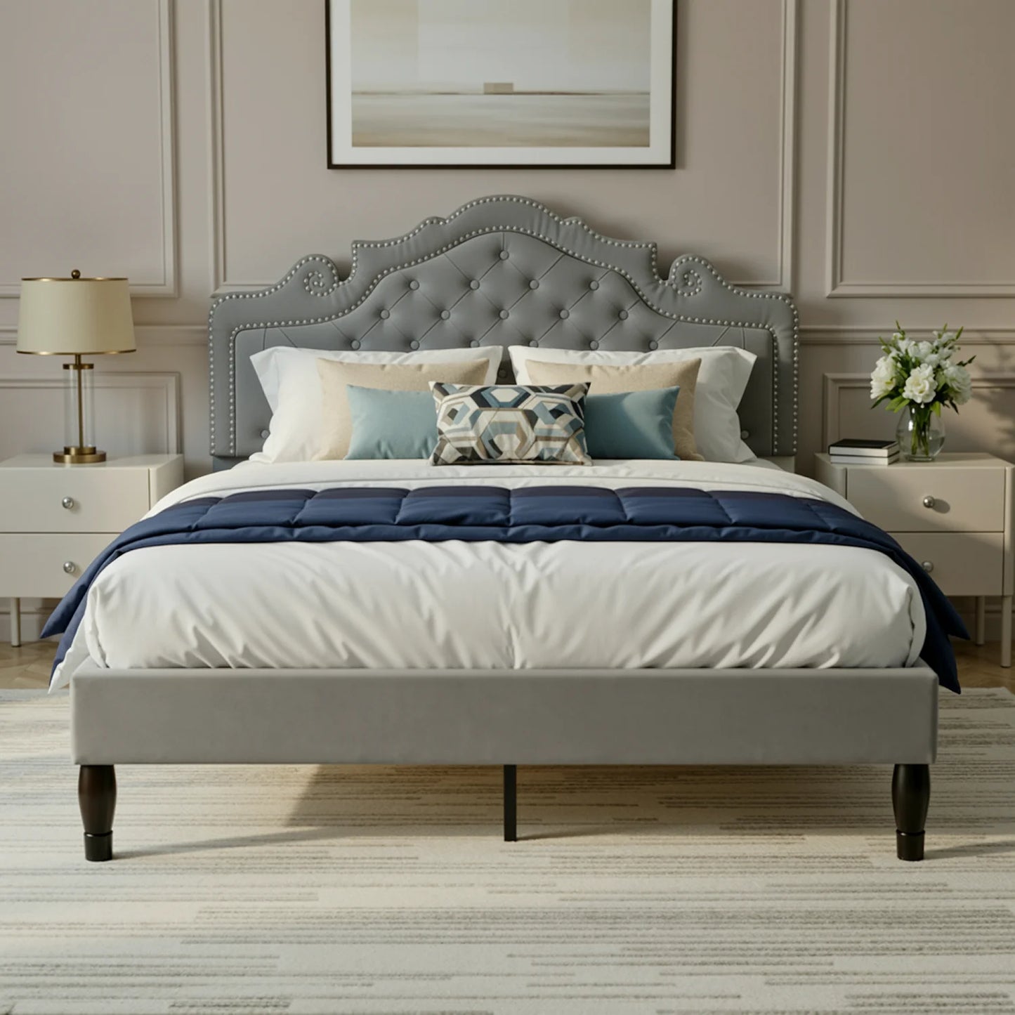 HOOMIC Velvet Bed Frame With Adjustable Tiara Headboard Diamond Tufting