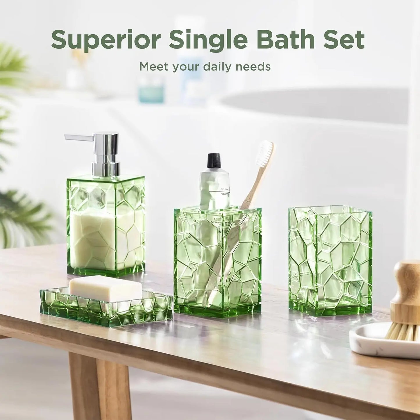 Sage Green Acrylic Bathroom Accessories Set with Soap Dispenser, Toothbrush Holder, Tumbler, Soap Dish - Strong & Durable Modern