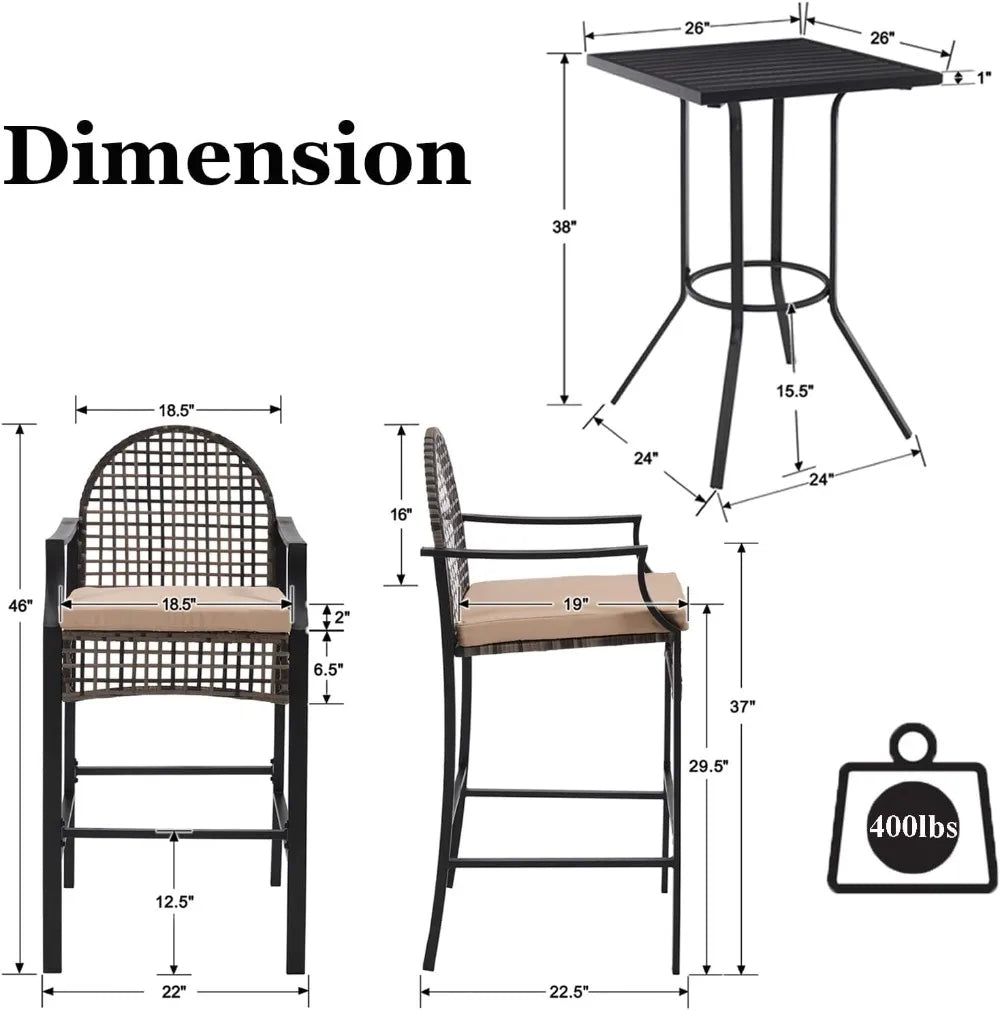 Outdoor Patio Bar Set with Cushions, Wicker Counter Height Stools and High Table, Khaki