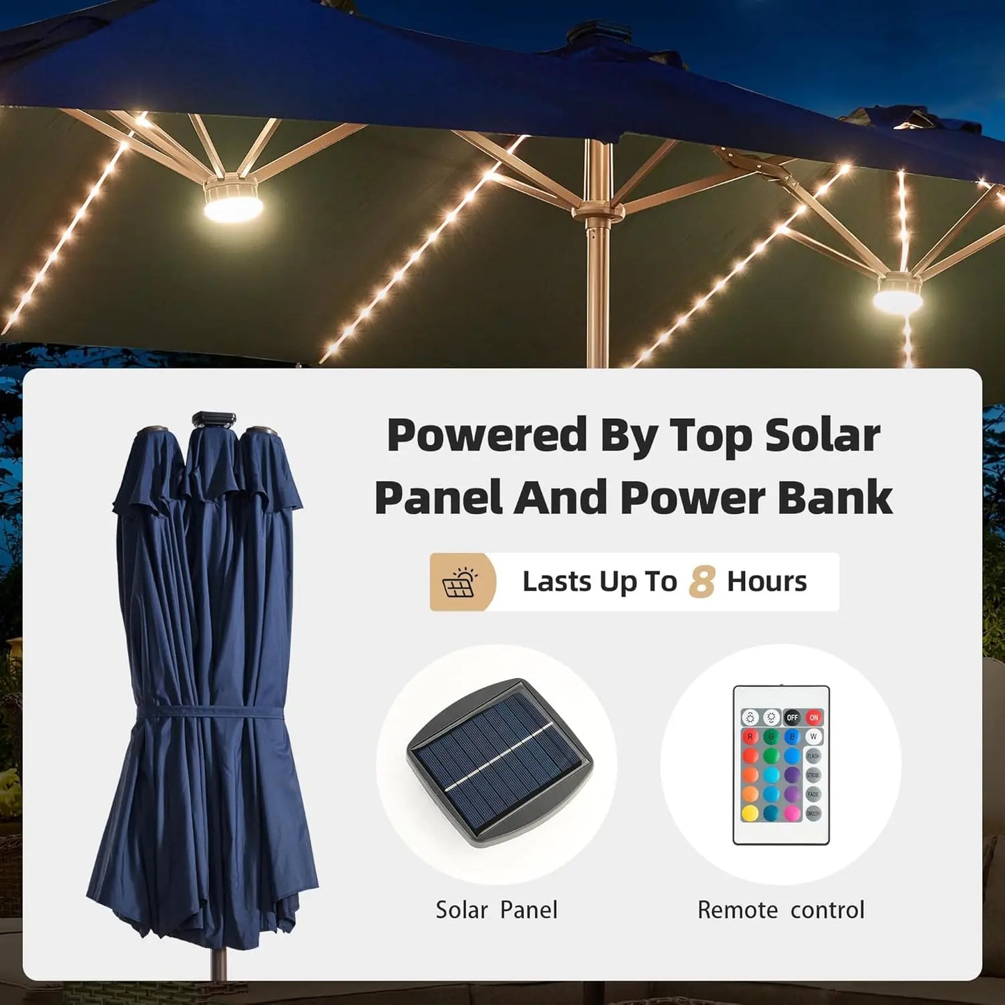 15 ft Large Patio Umbrella with Color Changing Lights,UPF50 Outdoor Table Umbrella with Solar Lights and, Customized