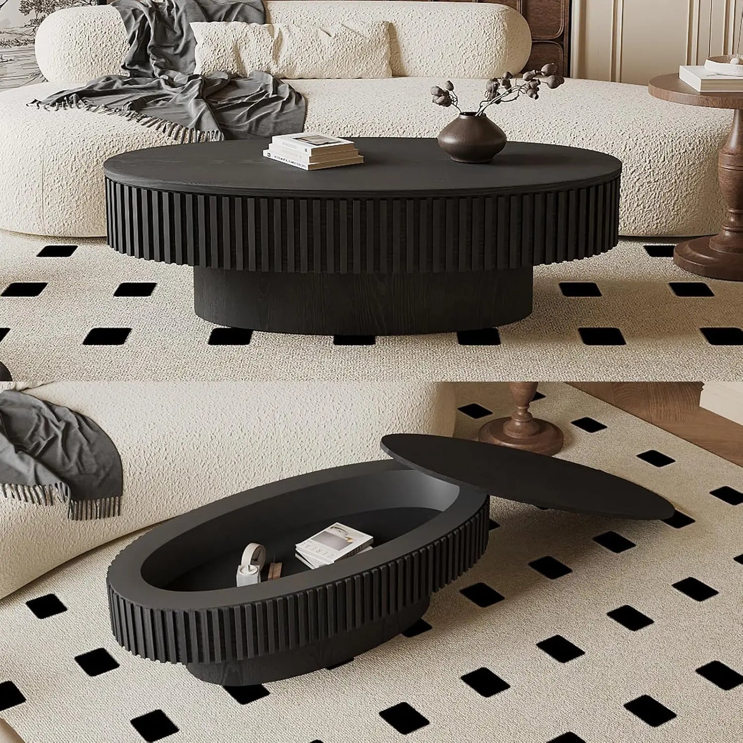 Oval Fluted Coffee Table With Storage In Solid Wood Veneer