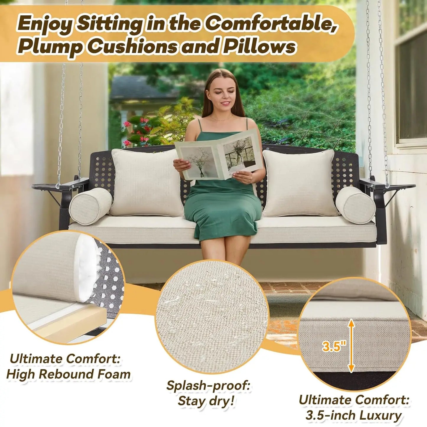 Three Seat Porch Swing With Cup Holders And Cushions