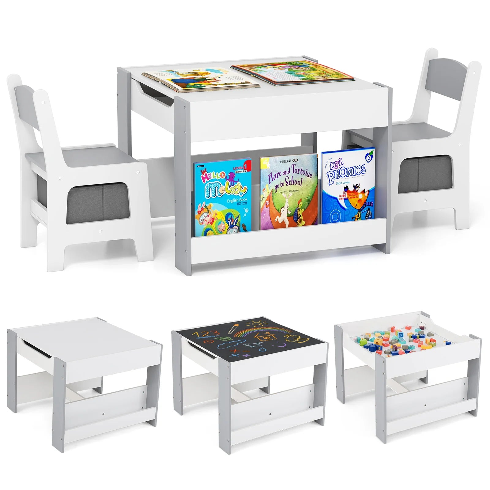 HOMASIS 4-In-1 Kids Table And Chair Set With Side Bookshelves