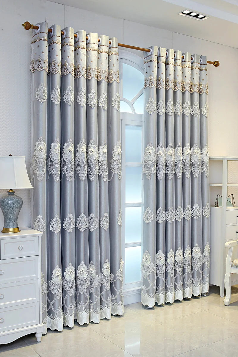 NONECN Elegant Double Layer Embossed 3D Embroidered Blackout Curtains Bedroom