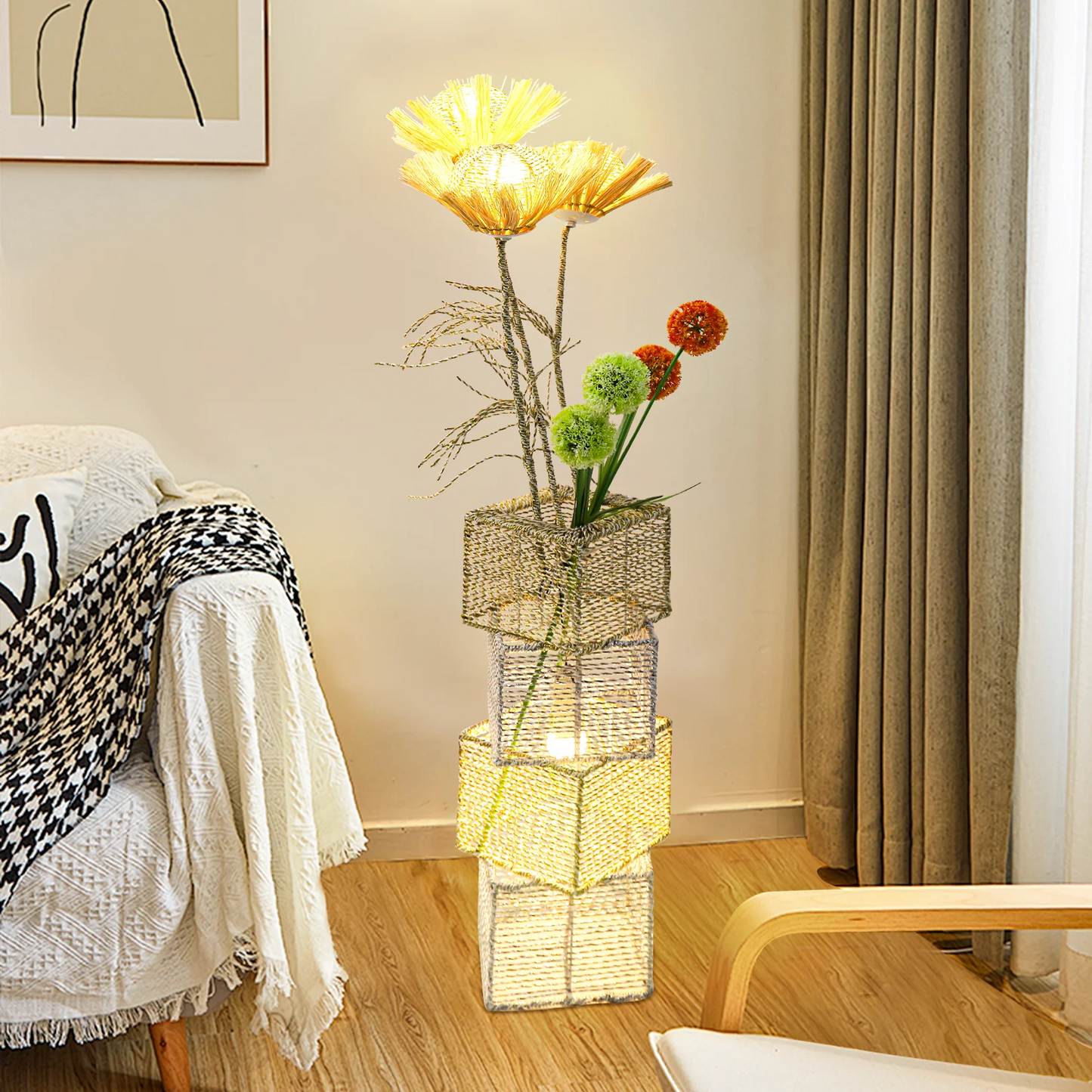 Rattan Floor Lamp Dimmable Standing LED Light For Living Room
