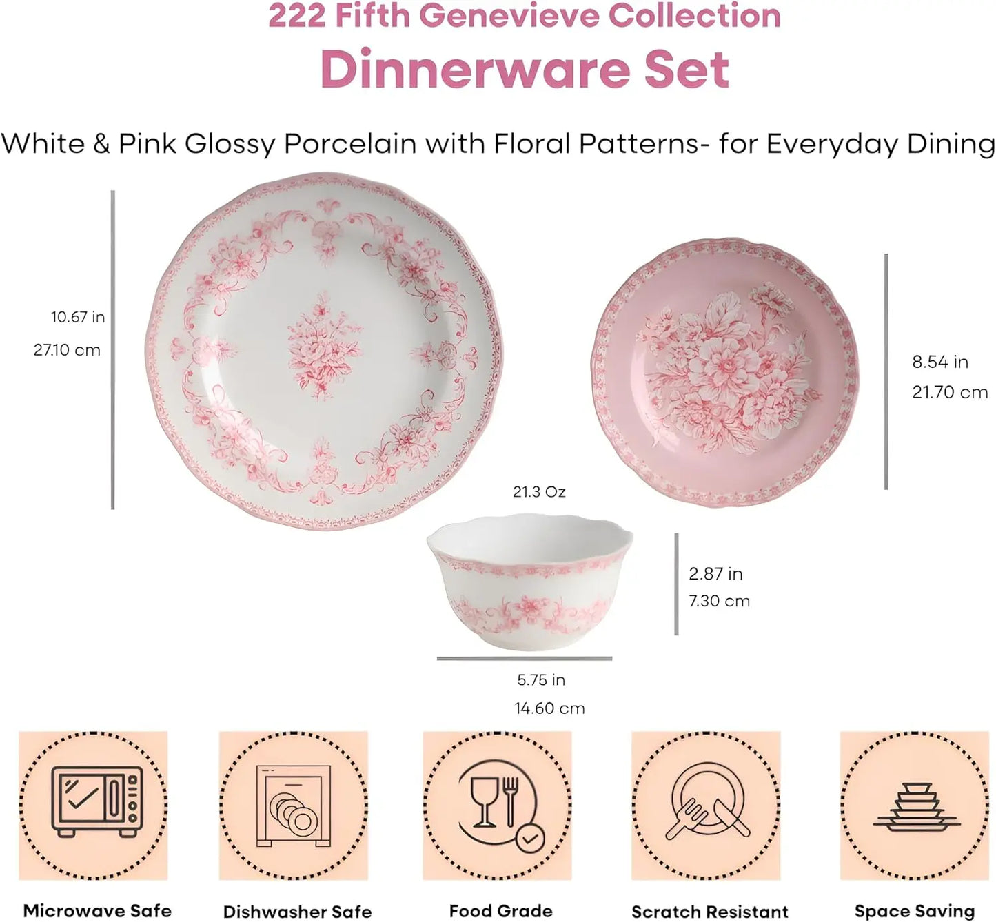 12-Piece Pink Porcelain Dinnerware Set | Microwave and Dishwasher Safe Big Dinner Plates and Bowls Sets for 4 | Chip-Res