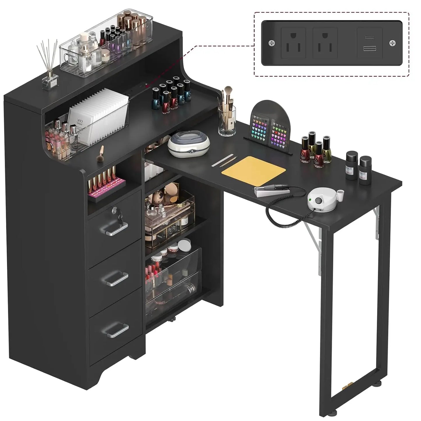 Nail Desk for Nail Tech, L Shape Foldable Manicure Table with Cabinet Drawer & Built-in Charging Station, Portable, Customized