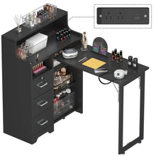 Nail Desk for Nail Tech, L Shape Foldable Manicure Table with Cabinet Drawer & Built-in Charging Station, Portable, Customized