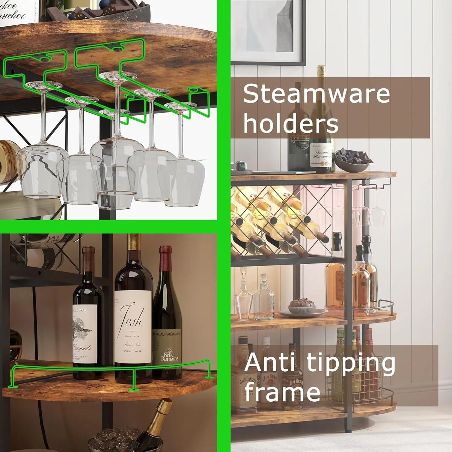 Wine Cabinet Bar Cart Table with Power Socket and LED Light, Three Tiers Coffee Bar Table Wine Rack Liqour Bar with, Customized