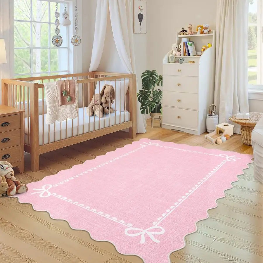 Scalloped Bow Rug for Living Room, Solid Pink Rug for Dorm, Washable Rugs 5x7 Soft Low Pile Non Slip Scalloped Rugs for Nursery