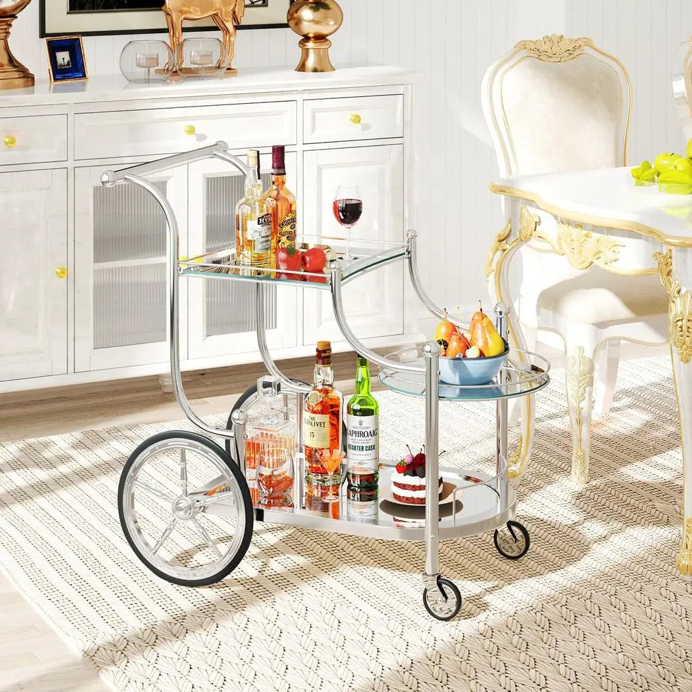 Glass Rolling Bar Cart, Rolling Serving Cart with 3Tier Shelf, Directional Wheels amp Universal Wheels, Mobile Wine Tea Serving