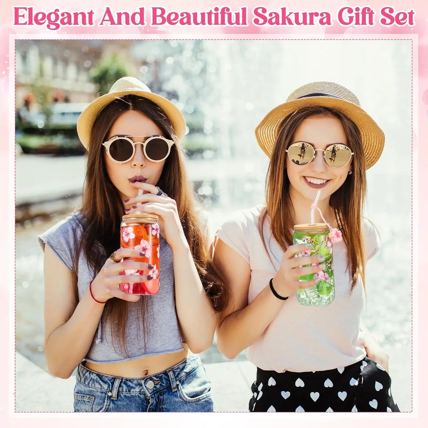 Cherry Blossom Glass Cup Sakura Coffee Cup With Bamboo Lid And Straw Brush