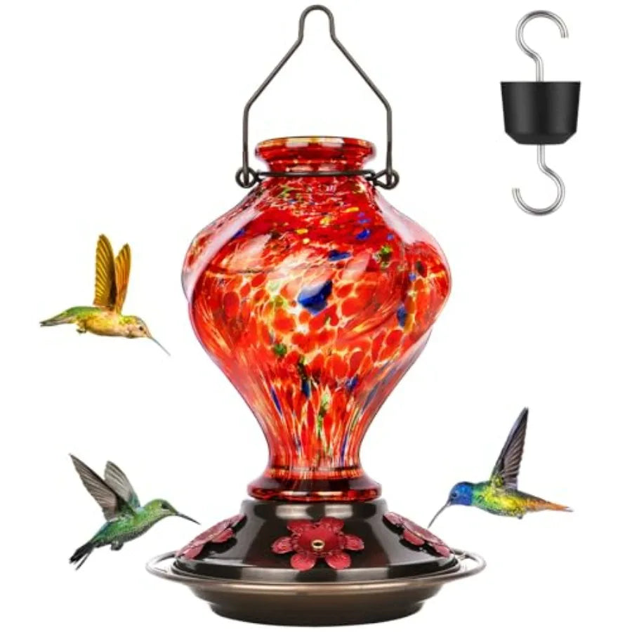 Hummingbird Feeder, Hand Blown Glass Hummingbird Feeders for Outdoors Hanging with Ant Moat, 5 Bee-Proof Ports, Leak-Proof, 360