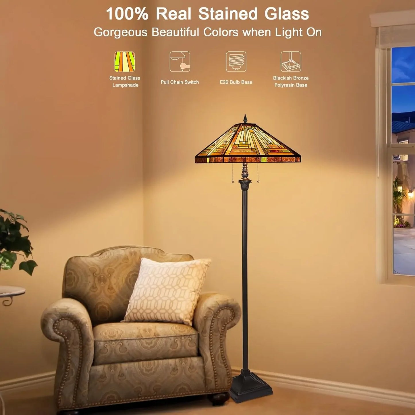 Capulina Tiffany Lamp Stained Glass Floor Lamp 2-Light 16X16X63 Inches Amber Brown Mission Antique Tiffany Style Standing Readin
