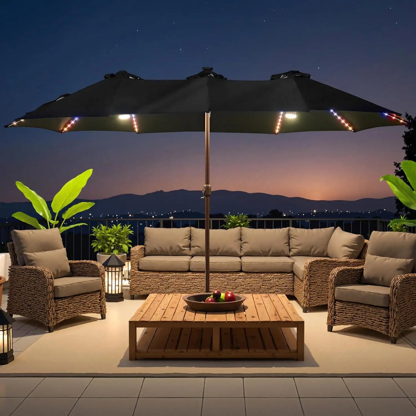 15 ft Large Patio Umbrella with Color Changing Lights,UPF50 Outdoor Table Umbrella with Solar Lights and, Customized