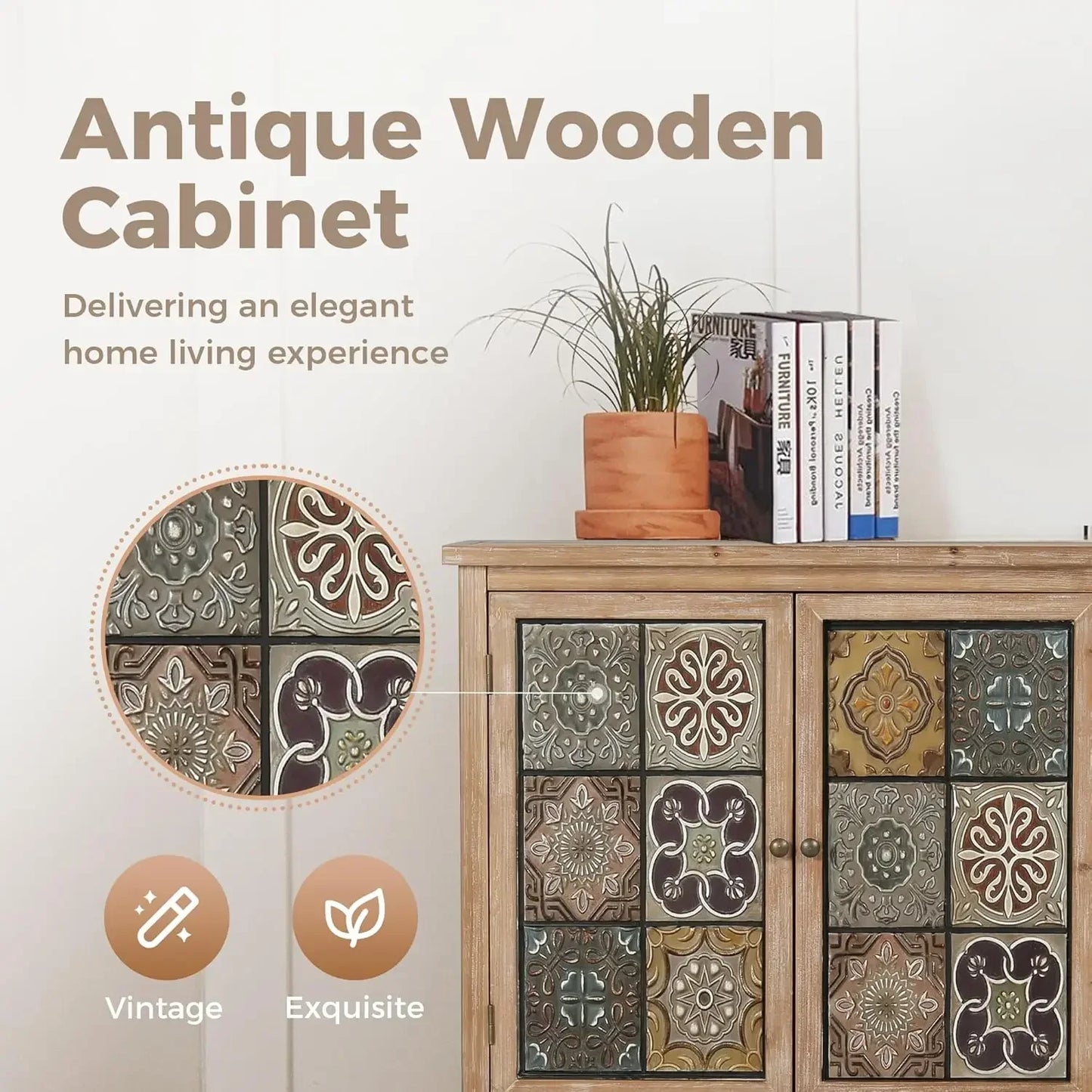 Farmhouse Boho Accent Cabinet With Solid Wood Frame