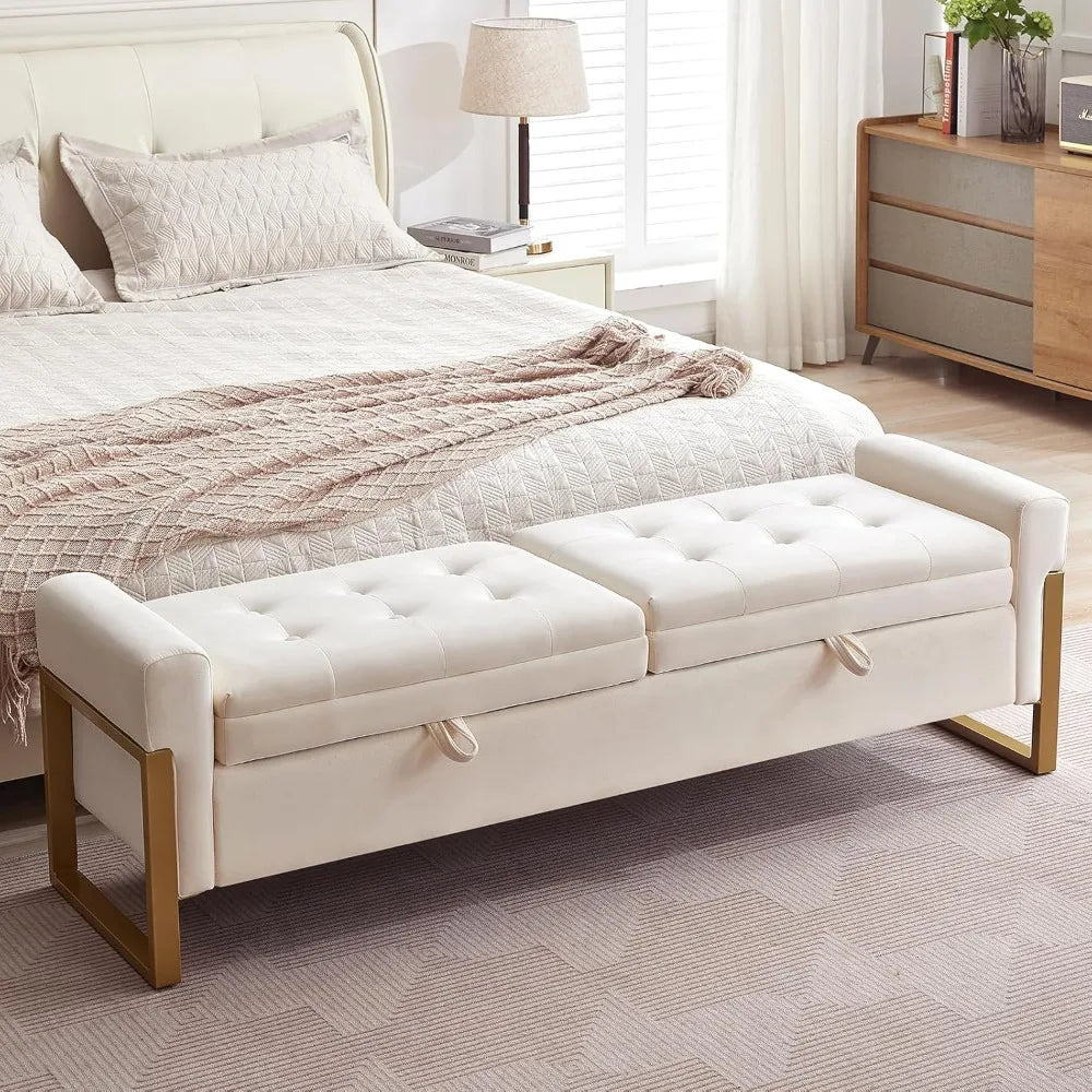 Velvet Storage Bench With Golden Legs For Bedroom Storage