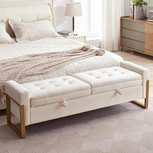 Velvet Storage Bench With Golden Legs For Bedroom Storage