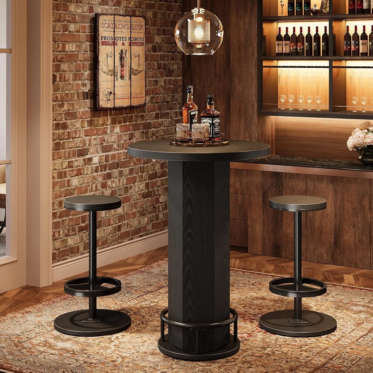 Round Bar Table With Chairs Industrial Bistro Set 2 Barstools