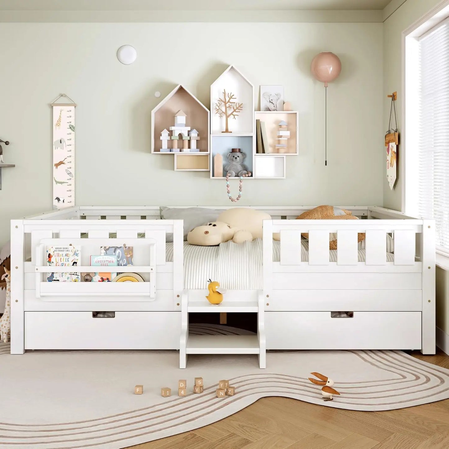 Queen Size Montessori Kids Bed Frame with Stairs Bookshelf Drawers Storage Low-Profile Wood for Boys Girls Room, Customized