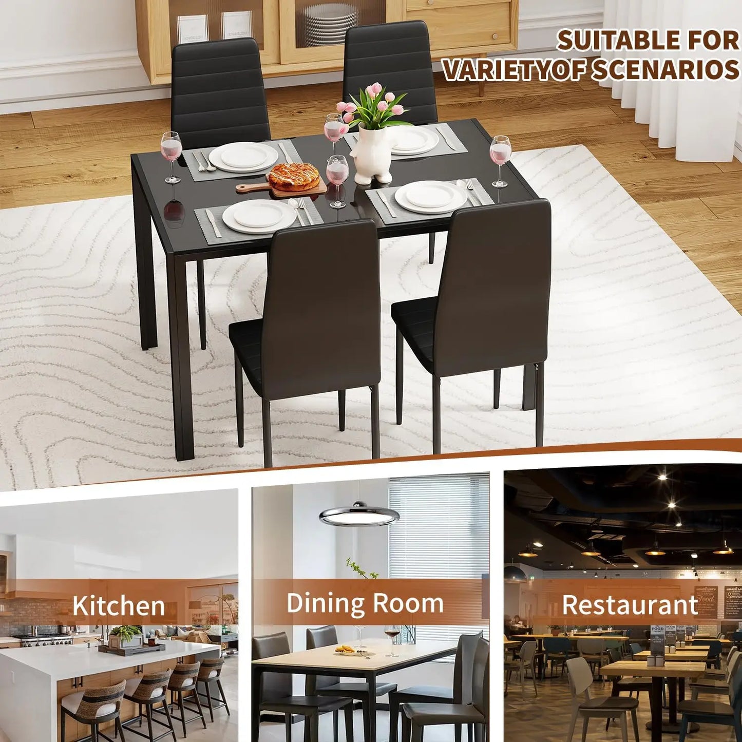Modern Glass Dining Table Set For Four With Upholstered Chairs