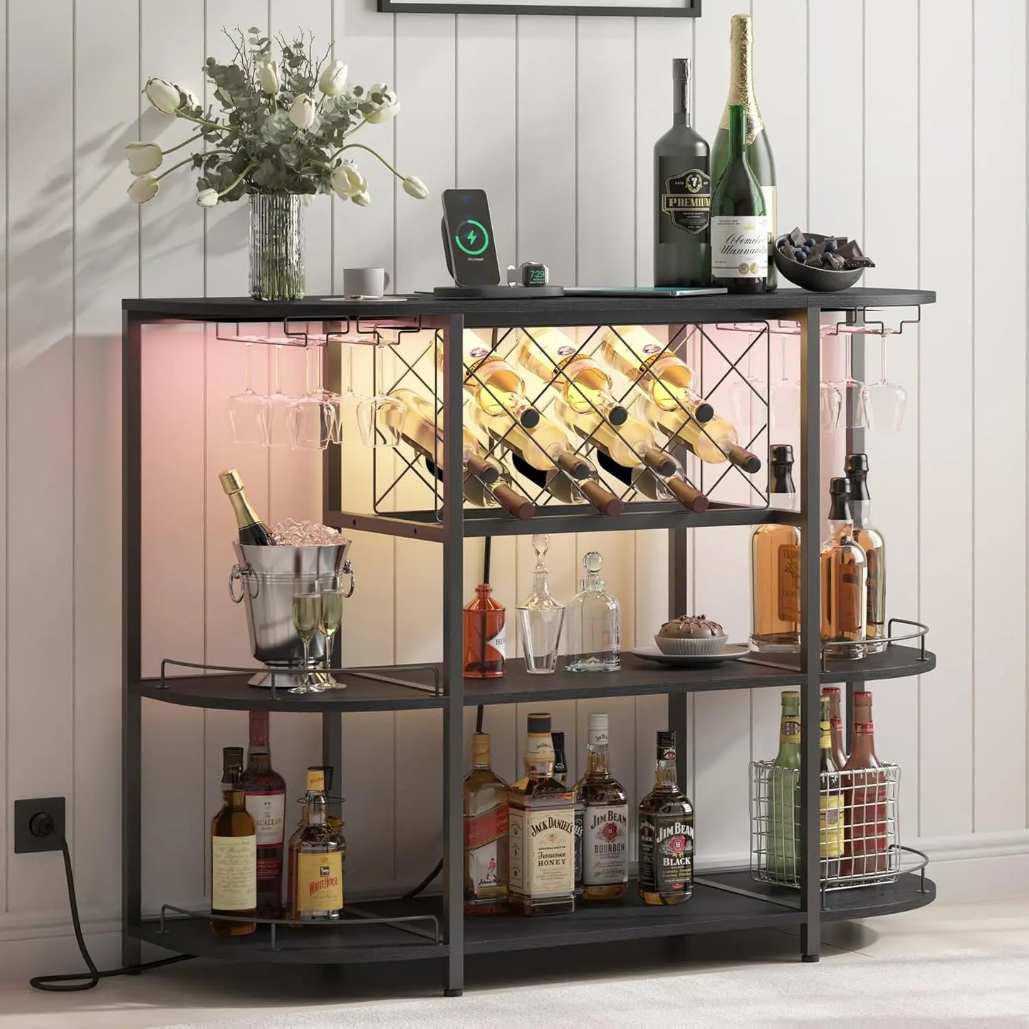 Wine Cabinet Bar Cart Table with Power Socket and LED Light, Three Tiers Coffee Bar Table Wine Rack Liqour Bar with, Customized