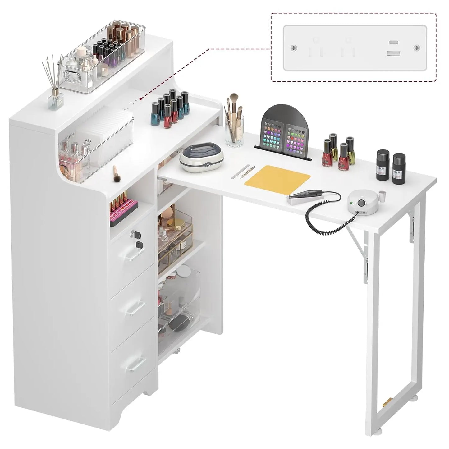 Nail Desk for Nail Tech, L Shape Foldable Manicure Table with Cabinet Drawer & Built-in Charging Station, Portable, Customized